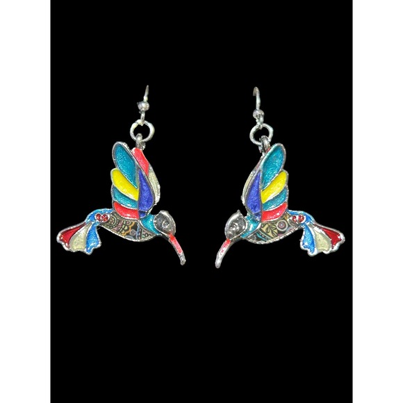 Multicolor Enamel Hummingbird Silver-Tone Earrings with Wire Hook - Picture 1 of 3